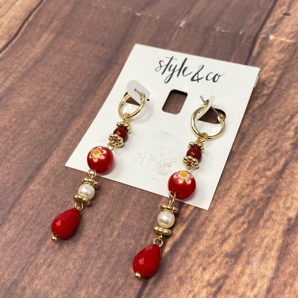 STYLE AND CO GOLD AND RED DANGLE EARRINGS 2349